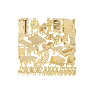 Set piese mobilier pentru casuta de papusi, 34 piese din lemn, 175 elemente