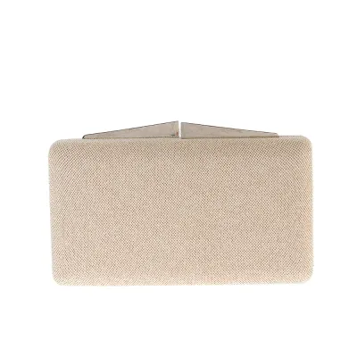 Clutch elegant bej sclipici auriu si inchidere metalica