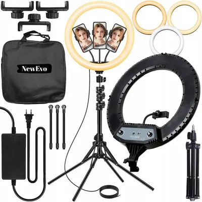Lampa Circulara Make up Profesionala, NewEvo, Ring Light 43 CM, Putere 24W si 540 Lumeni, cu Lumina Calda Neutra si Rece Tip Inel, cu Trepied 210cm