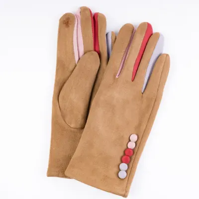 Manusi dama textil camel clasice cu nasturi colorati