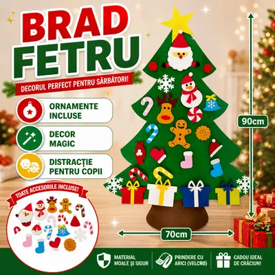 Brad de Craciun, Din fetru cu 26 decoratiuni 95 x 70 cm Multicolor