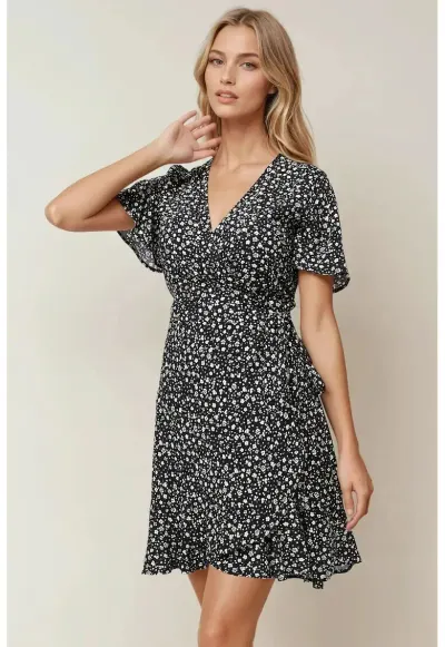 Rochie mini - decolteu in V - negru - jerseu