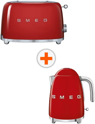 Prăjitor de pâine și fierbător Smeg - TSF01RDEU, 6 trepte + KLF03RDEU, 1.7 l, rosie