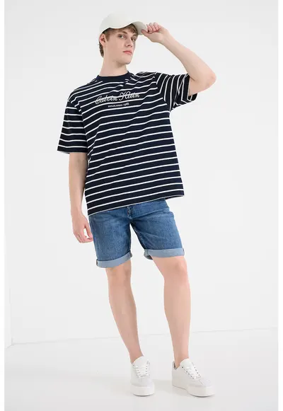 Tricou lejer din bumbac cu dungi - Alb/Bleumarin