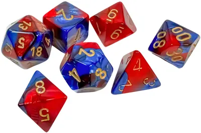 Set de zaruri Chessex Gemini Blue-Red/Gold Polyhedral (7 buc.)