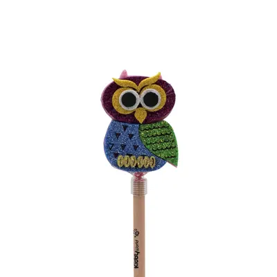 Creion figurină Bufniță albastră aripi verzi 22cm