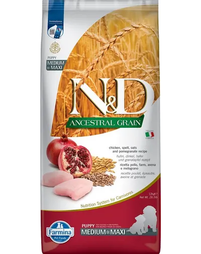 FARMINA N&D Ancestral Grain Puppy Medium&Maxi Chicken&Pomegranate hrana uscata caini juniori talie medie/mare, pui si rodie 12 kg