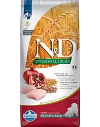 FARMINA N&D Ancestral Grain Puppy Medium&Maxi Chicken&Pomegranate hrana uscata caini juniori talie medie/mare, pui si rodie 12 kg