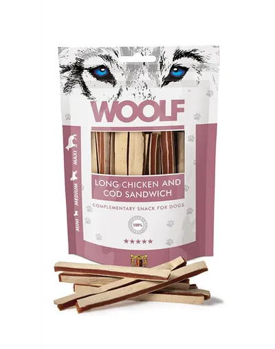 WOOLF Long Chicken And Cod Sandwich 100g pui si cod, pentru caini
