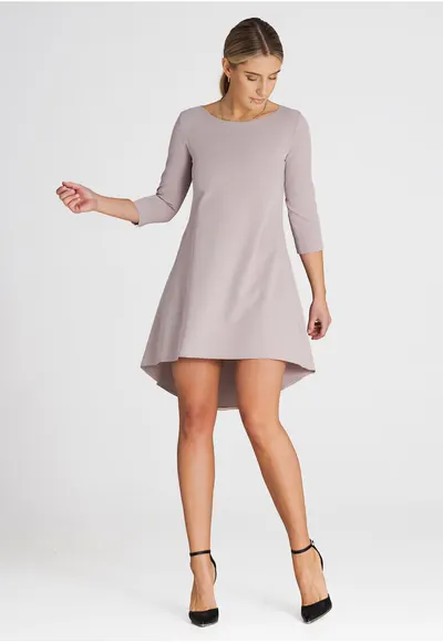 Rochie midi eleganta bej - asimetrica - maneci 3/4 - poliester-viscoza