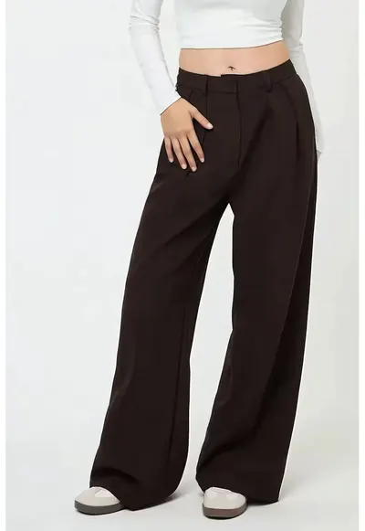 Pantaloni dama - cu talie inalta - croi larg - maro - bumbac