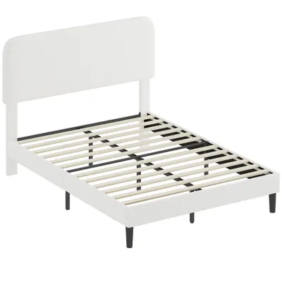 HOMCOM Cadru de pat 140x190cm cu somieră, tăblie reglabilă, pat dublu tapițat în velur Teddy, lamele metalice, alb | Aosom Romania