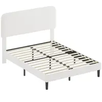 HOMCOM Cadru de pat 140x190cm cu somieră, tăblie reglabilă, pat dublu tapițat în velur Teddy, lamele metalice, alb | Aosom Romania