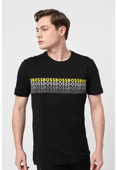 Tricou cu decolteu la baza gatului si imprimeu logo - Negru