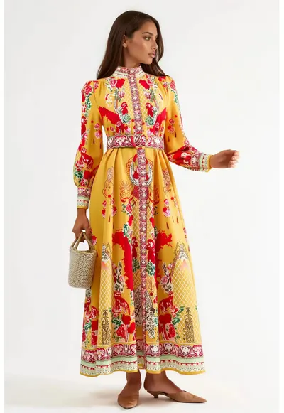 Rochie Maxi - Floral - Galben - cu cordon - maneca lunga