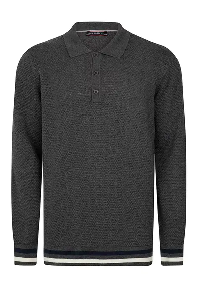 Pulover polo cu accente in dungi - Alb optic/Gri antracit