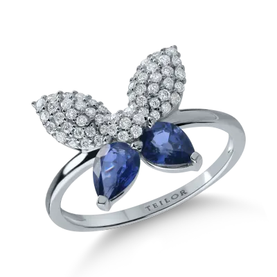 Inel cu fluture din aur alb cu safire pear de 1.02ct si diamante de 0.28ct