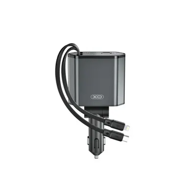 Incarcator auto XO SMART cu cabluri retractabile ,voltmeru, iesire USB-A si USB tip C Cod: XO-CC62