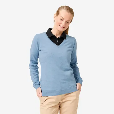 Pulover de golf 100% bumbac guler V MW100 Albastru Damă