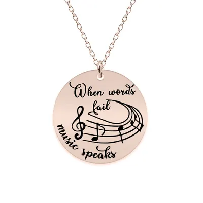 Music - Colier personalizat pentru iubitorii de muzica "When words fail, music speaks" din argint 925 placat cu aur roz