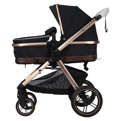 Carucior pentru copii Novokids X2000 series Negru 3 in 1 , spatar reglabil, reversibil, landou , geanta, cadru aluminiu Gold, amortizoare, roti din cauciuc, scoica auto, plasa insecte