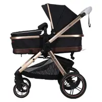 Carucior pentru copii Novokids X2000 series Negru 3 in 1 , spatar reglabil, reversibil, landou , geanta, cadru aluminiu Gold, amortizoare, roti din cauciuc, scoica auto, plasa insecte