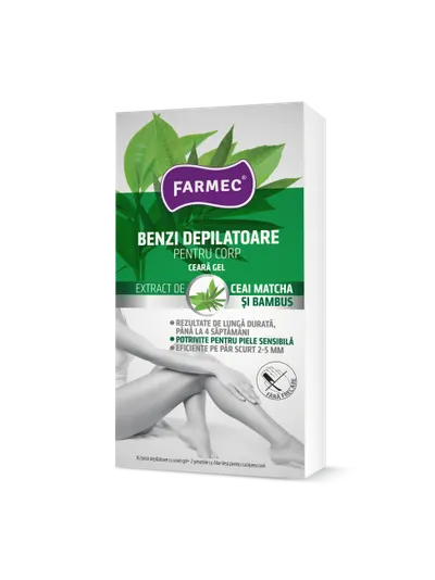 Benzi depilatoare pentru corp cu ceara gel, 16 benzi + 2 servetele, Farmec