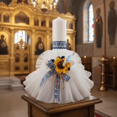 Lumanare de botez traditionala cu floarea-soarelui si brau albastru