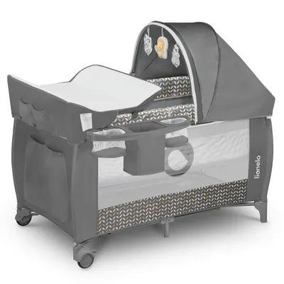 Patut pliant, Lionelo, Sven Plus, 120x60 cm, Cu doua nivele, Cu arcada jucarii, masuta de infasat, vibratii, melodii conform cu standardele europeane de securitate EN716 si EN12221, Grey Scandi