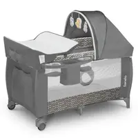 Patut pliant, Lionelo, Sven Plus, 120x60 cm, Cu doua nivele, Cu arcada jucarii, masuta de infasat, vibratii, melodii conform cu standardele europeane de securitate EN716 si EN12221, Grey Scandi