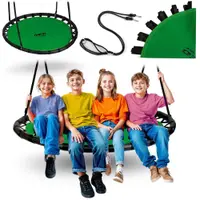 Leagan tip cuib pentru copii Neo-Sport Swingo Verde, Diametru 120 cm, Tesatura Oxford 600D impermeabila si rezistenta, Cadru din otel acoperit cu spuma PE moale, Greutate suportata 150kg, Franghii groase cu lungime reglabila