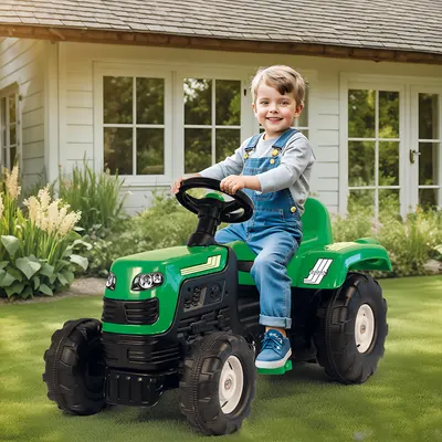 Tractor cu pedale pentru copii Dolu verde cu volan si claxon, greutate admisa 35 kg, dimensiune 53x45x83 cm