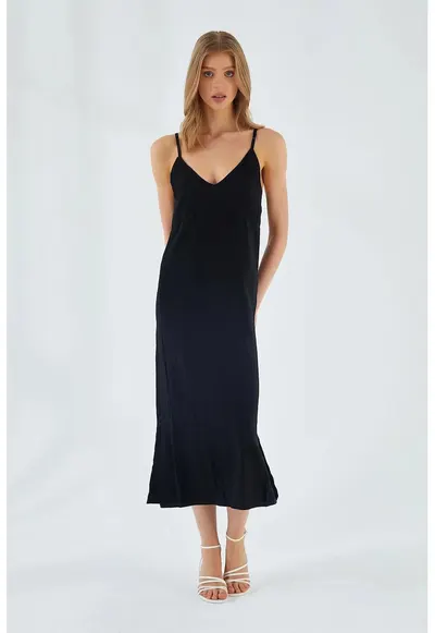Rochie midi - decolteu in V - slit - negru - textil