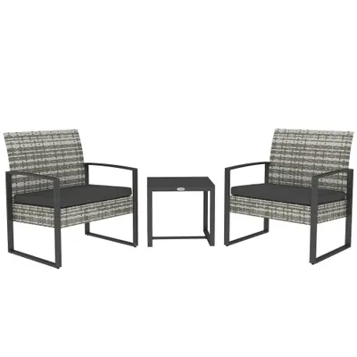 Outsunny Salon de jardin 3 piese 2 scaune cu perne + masă de cafea cu blat din sticlă securizată rășină tressée gri deschis | Aosom Romania