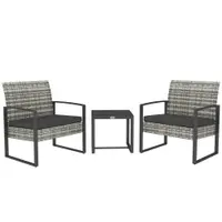 Outsunny Salon de jardin 3 piese 2 scaune cu perne + masă de cafea cu blat din sticlă securizată rășină tressée gri deschis | Aosom Romania