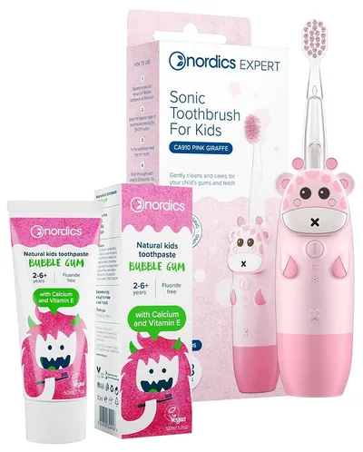 Nordics Set - Periuță de dinți sonică pentru copii Girafă, roz + Pastă de dinți pentru copii, 50 ml