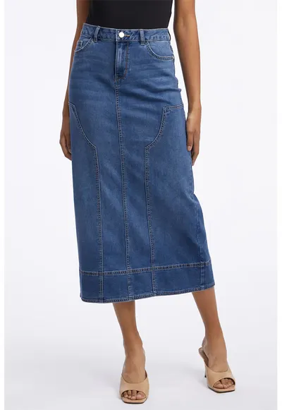 Fusta midi de denim - Albastru melange