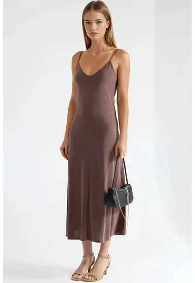 Rochie midi decolteu in V - maro - modal/elastan
