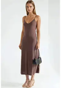 Rochie midi decolteu in V - maro - modal/elastan