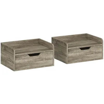 HOMCOM Set de 2 noptiere de perete, noptiere cu sertar și poliță cu margini înălțate, 40x30x19,5cm, gri | Aosom Romania