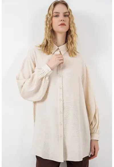 Camasa dama - bluza lunga supradimensionata - crem natural - amestec de viscoza si nailon