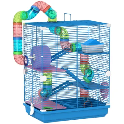 PawHut Cușcă pentru Hamsteri pe 5 Nivele cu Tuburi și Roată din Metal și Plastic Albastru | Aosom Romania