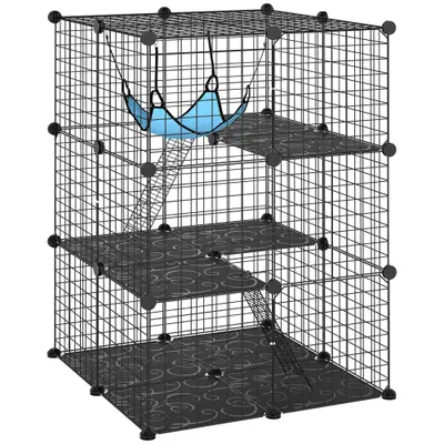 PawHut Cușcă pentru Pisici 105 cm de Interior, Recinto din Oțel cu 3 Uși, Design Personalizabil DIY pentru Pisoi, Spațiu pe 3 Niveluri cu Scări, Hamac și Platformă, Negru | Aosom Romania