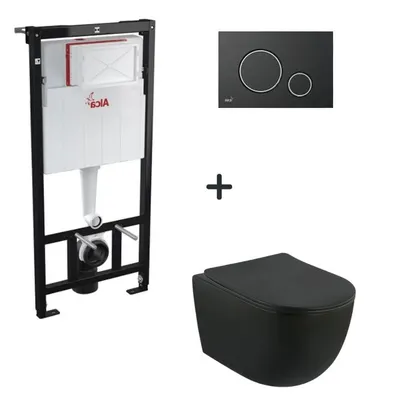 Set vas wc suspendat cu capac soft close Oslo, rezervor incastrat si clapeta neagra Alcaplast