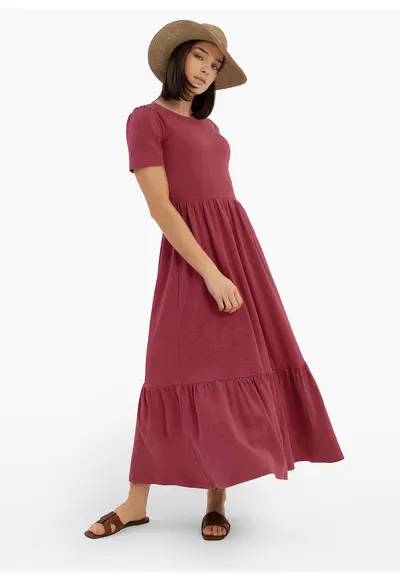 Rochie lunga de vara din bumbac - evazata - cu volane - maneci scurte - G-Allisia - roz - Roz