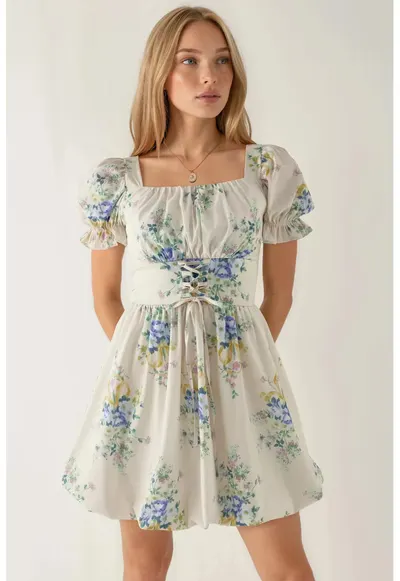 Rochie mini A-line floral cu detaliu corset - alb - poliester-lycra