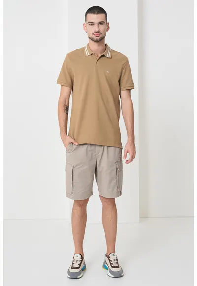 Tricou polo din bumbac - Alb/Maro nisip