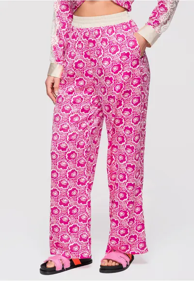 Pantaloni Lungime Completa cu Imprimeu Floral si Talie Elastica - Croiala Larga - Fucsia