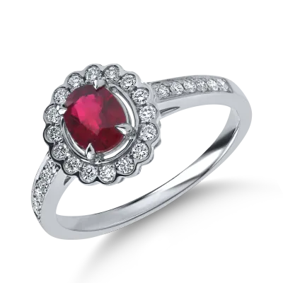 Inel din aur alb cu un rubin oval si diamante de 1ct