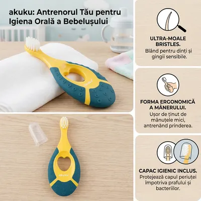 Periuta de dinti Akuku First brush AlbastruGalben pentru bebelusi si copii,peri moi,maner silicon,capac inclus,recomandat pentru 0-2 ani